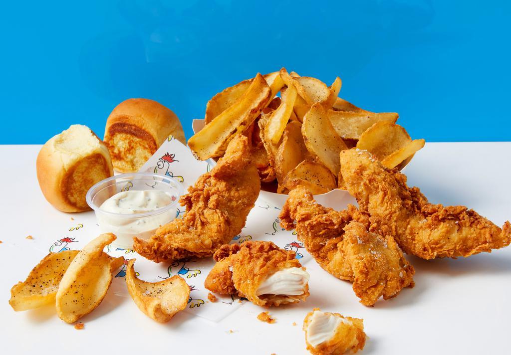 The 4-Piece Byo Combo Bucket · 4 hand breaded chicken tenders dusted with a seasoning of your choice. Side of dipper fries with seasoning of your choice, 2 buttered rolls, choice of dipping sauce or honey drizzle, and classic ketchup