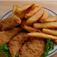 Chicken Tenders · Four breaded chicken tenders with a side of thick-cut steak fries