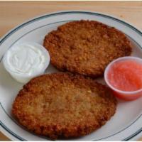 Potato Latkes · Handcrafted potato pancake lightly fried to a deep golden brown. Served with sour cream and ...