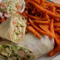 Chicken Tender Wrap · Chicken tenders wrapped in a flour tortilla with lettuce, avocado, tomatoes, and Muenster ch...