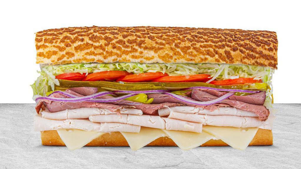 Roast Beef & Turkey · Premium roast beef, turkey breast, and aged Swiss cheese.  Comes with THE WORKS!
