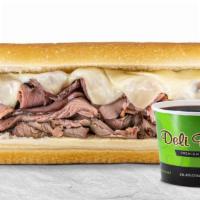 French Dip · Premium roast beef, mayonnaise, and Jack cheese. Served with a side of steaming au jus.