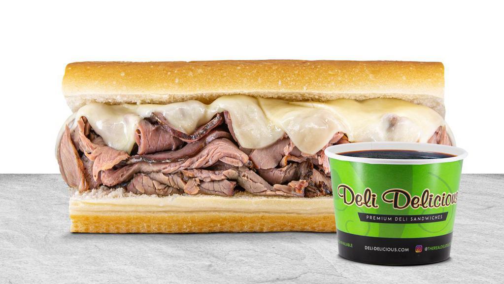 French Dip · Premium roast beef, mayonnaise, and Jack cheese. Served with a side of steaming au jus.