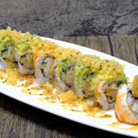 Double Crunch Roll · Shrimp tempura, cucumber, avocado, topped with ebi, and tempura crunch.