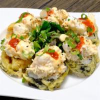 Omg (Deep-Fried) · Crabmeat, cucumber, avocado topped with scallops, spicy crab, nuts, chives, sriracha, and sp...