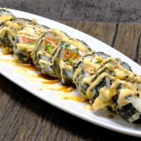 Yummy Roll (Deep-Fried) · Salmon, crab mix, cream cheese, cucumber and avocado topped with spicy mayo and eel sauce.