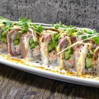 A1 · House crab mix, cucumber, avocado, asparagus, topped with steak, sprouts, and spicy mayo sau...