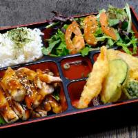 Chicken Teriyaki · Chicken teriyaki with vegetable tempura, house salad, steamed rice, and miso soup.