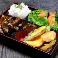 Beef Teriyaki · Beef teriyaki with vegetable tempura, house salad, steamed rice, and miso soup.