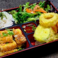 Tofu Bento · Tofu with vegetable tempura, house salad, steamed rice, and miso soup.
