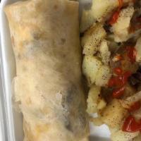 Sausage Breakfast Burrito · Served with potatoes, eggs, and cheese.