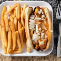 Chili Cheese Dog · Chili, cheddar cheese and mustard, onions upon request. Served with french fries.