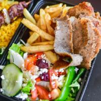 Gyro Plate Lunch Box · New. Gyro Meat, Greek Salad, Pita, Rice or Fries, Tzatiki, & Drink