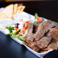 Gyro Plate · A large portion of gyro. Served with small Greek salad, a choice of rice or fries and pita b...
