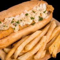 Fish Po'Boy · Served on a hoagie roll 
Traditional Style: Skip's sauce, lettuce, tomatoes, tartar, pickles...