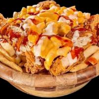 Loaded Fries · fries topped w/chicken bites, mac & cheese, hot sauce, ranch & skips sauce