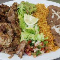 Carnitas Plate · Served with rice and beans. Also comes with flour or corn tortillas.