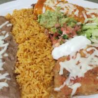 Chile Relleno And Enchilada Combo · Served with rice and beans. Also comes with flour or corn tortillas.