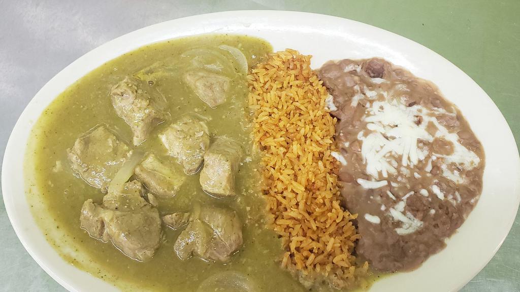 Chile Verde · Served with rice and beans. Also comes with flour or corn tortillas.