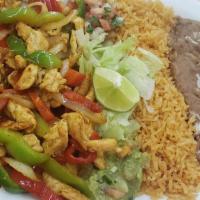 Chicken Fajitas · Served with rice and beans. Also comes with flour or corn tortillas.