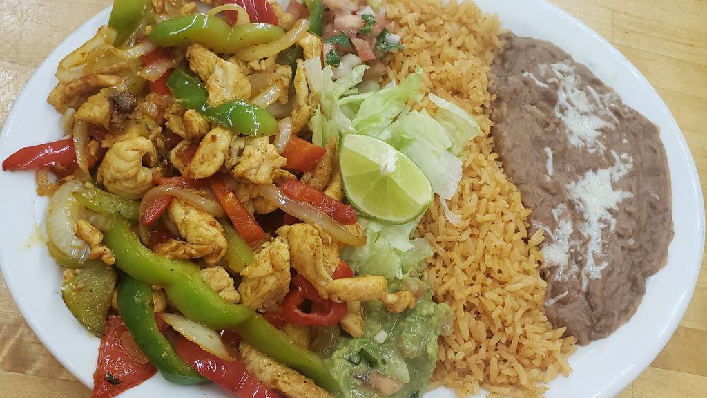 Chicken Fajitas · Served with rice and beans. Also comes with flour or corn tortillas.