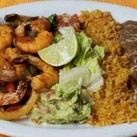 Shrimp Fajitas · Served with rice and beans.  Also comes with flour or corn tortillas.