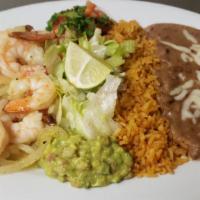 Shrimp Al Mojo De Ajo · Served with rice and beans. Also comes with flour or corn tortillas.