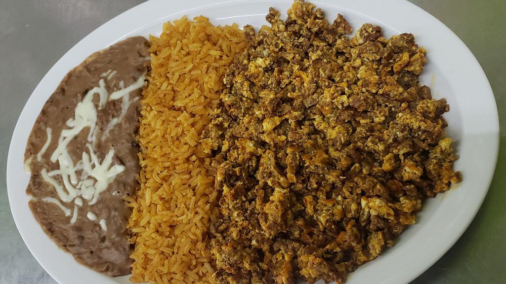 Chorizo And Eggs · Comes with rice, beans and flour or corn tortillas.