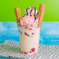 Venado'S Cup · Ingredients (strawberries, bananas, sweet cream, one scoop of ice cream, one churro split in...