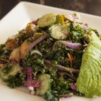 Goatless Greek Salad · Gluten-free, soy-free. A chopped, tossed salad with massaged kale, quinoa, carrots, cucumber...
