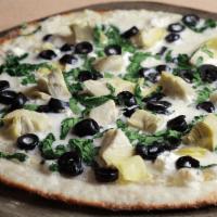 Mediterranean Pizza · alfredo sauce, mozzarella, feta, spinach, artichoke hearts, black olives