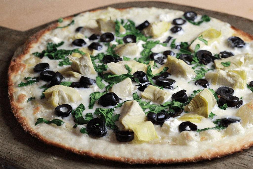 Mediterranean Pizza · alfredo sauce, mozzarella, feta, spinach, artichoke hearts, black olives