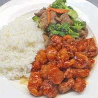 Combo 7 Plate · Orange chicken, broccoli beef and steamed rice.
