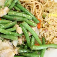 Combo 6 Plate · Green bean chicken, BBQ pork fried rice and chicken chow mein.