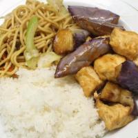 Combo 1 Plate · Eggplant with tofu, steamed rice and vegetable chow mein.