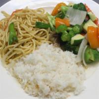 Combo 10 Plate · Mixed vegetables, steamed rice and vegetable chow mein.