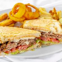 Frisco Cheeseburger · (Two) 1/4 lb.  patties with melted swiss cheese, lettuce, tomato, onions, pickles, and 1000 ...
