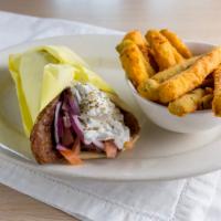 Gyro · Choice of chicken or gyro meat served with red onions, chopped tomatoes and tzatziki sauce w...