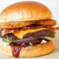 Bbq Turkey Bacon Smash Cheeseburger · Juicy, grilled beef burger smashed to perfection with American cheese, turkey bacon, crispy ...