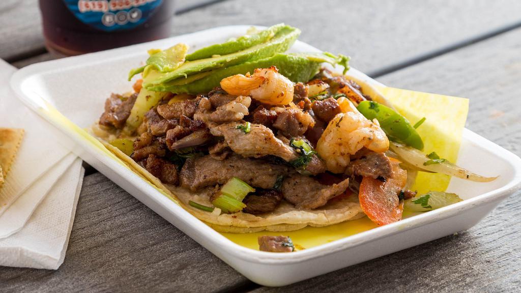 Sea And Land / Mar Y Tierra · Carne Asada, Grilled Shrimp, Veggies and Cheese.