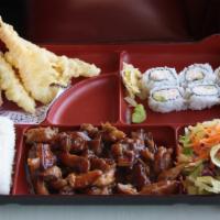 Lunch Special · Chicken teriyaki, tempura, California roll, miso soup, salad and rice.