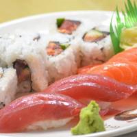 Spicy Tuna Roll (8 Pieces) & Assorted Sushi Combo & Miso Soup · Spicy tuna roll (8 pieces), assorted sushi (7 pieces): tuna, yellowtail, albacore, shrimp, s...