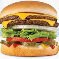Classic Double · Two lean hamburger patties, two slices of real American cheese, mustard, ketchup, pickles, o...