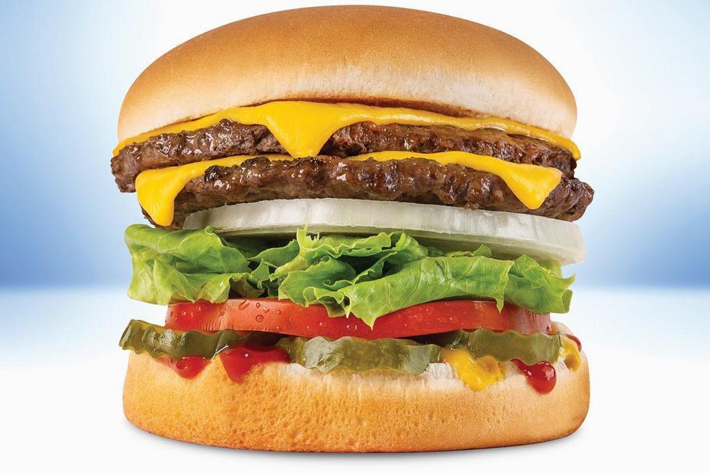 Classic Double · Two lean hamburger patties, two slices of real American cheese, mustard, ketchup, pickles, onions, fresh lettuce and tomato on a toasted bun.