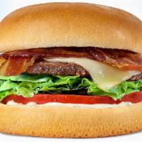 Blt Burger · Lean hamburger patty, slice of Jack cheese, bacon, mayonnaise, fresh lettuce and tomato on a...