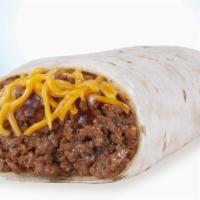 Ground Beef Burrito · Seasoned lean ground beef, mild red sauce and mild real cheddar cheese wrapped in a warm flo...