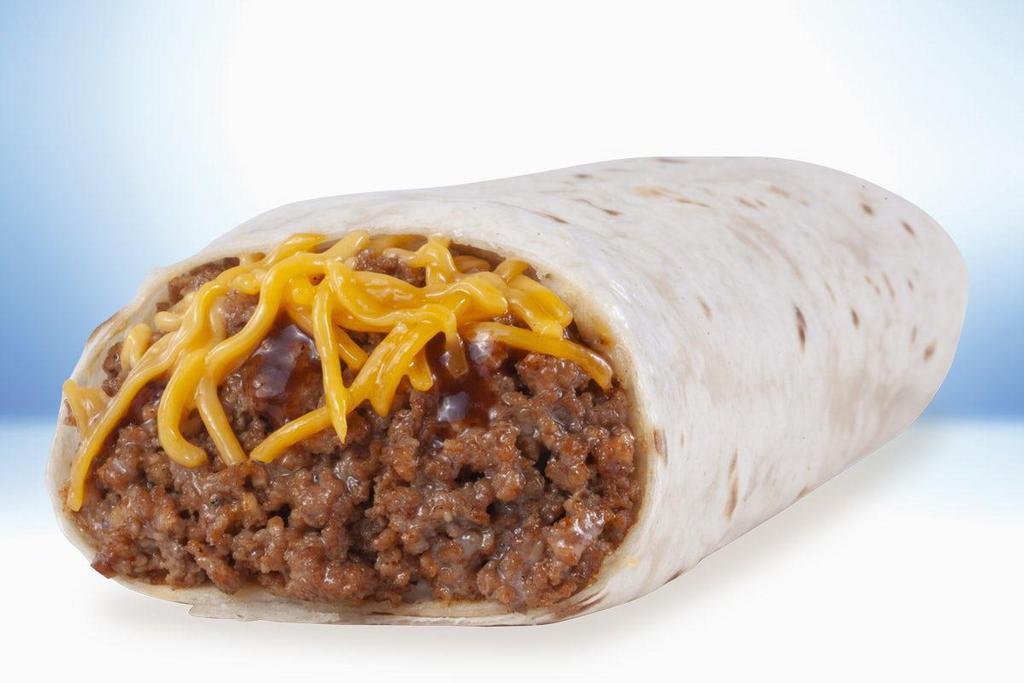 Ground Beef Burrito · Seasoned lean ground beef, mild red sauce and mild real cheddar cheese wrapped in a warm flour tortilla.