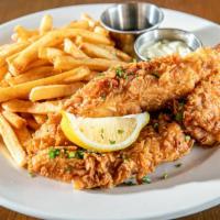 Fish & Chips · Beer battered hand cut natural cod filets. Served with French fries and homemade tartar sauce.