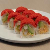 Hot Cheetos Roll · Inside with spicy icrab, avocado, shrimp tempura and cream cheese. Outside with limon hot ch...
