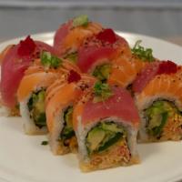 San Pedro Roll  · in: spicy icrab, avocado and fried jalapeno 
out: salmon and tuna topped w/ lemon pepper sea...